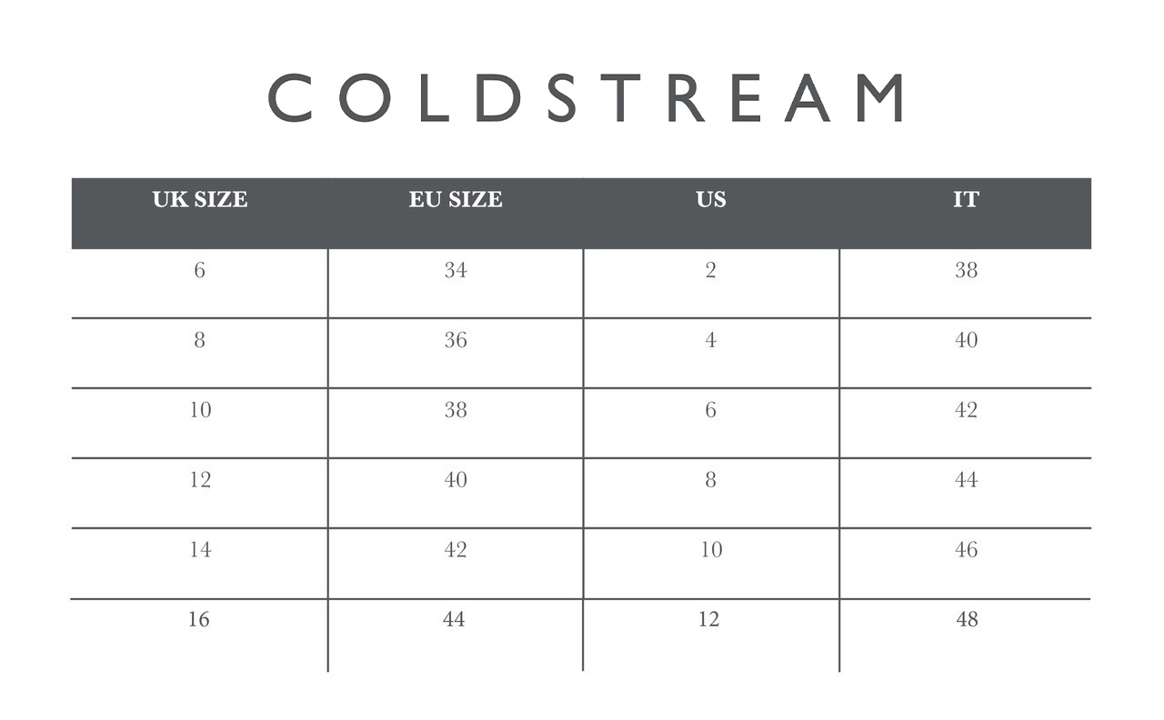 Coldstream size guide chart for UK, EU, US and IT sizes